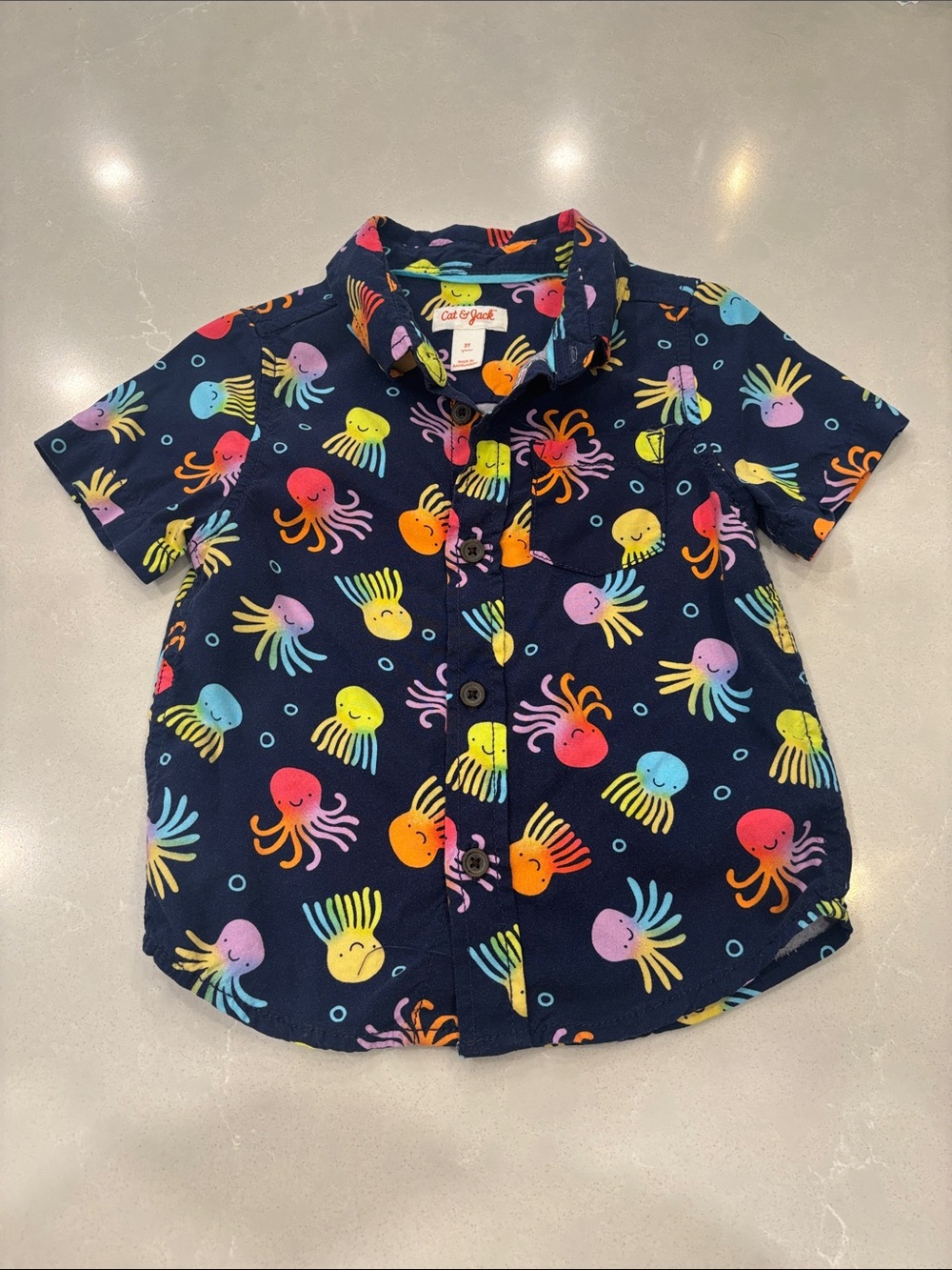 Cat & Jack Navy Short Sleeve Button-Down Shirt with Multicolor Octopus Print